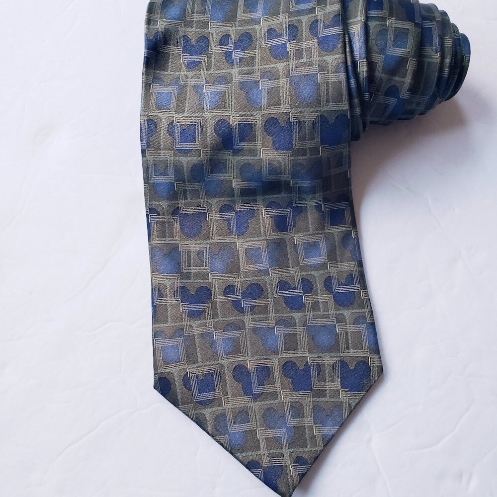Walt Disney World Vintage Silk Mickey Mouse Squares Olive Green Blue Neck Tie
